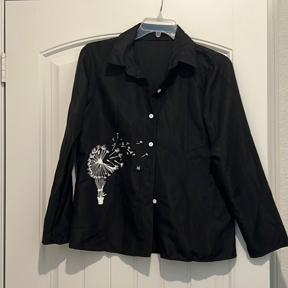 Long-sleeved black button-down, white dandelion balloon design. New, never worn